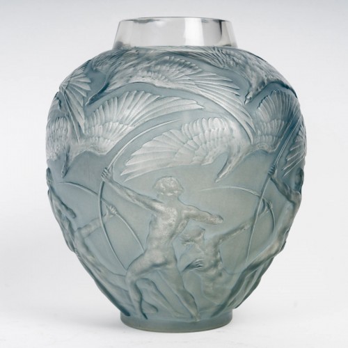 1921 René Lalique - Vase Archers Verre Blanc Patiné Bleu - Art Déco