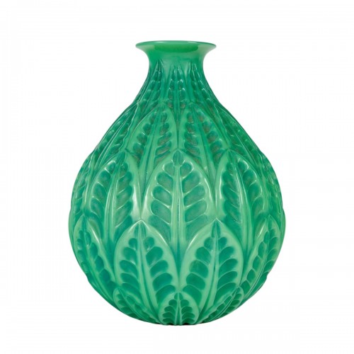 1924 René Lalique - Vase Malesherbes Verre Vert Jade Patiné Vert