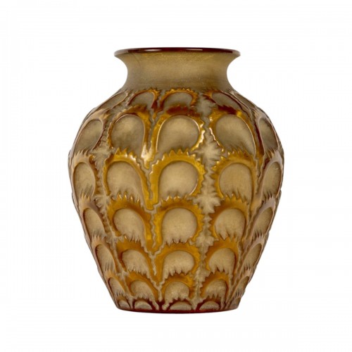 1931 René Lalique - Vase Laiterons verre jaune ambré patiné sépia