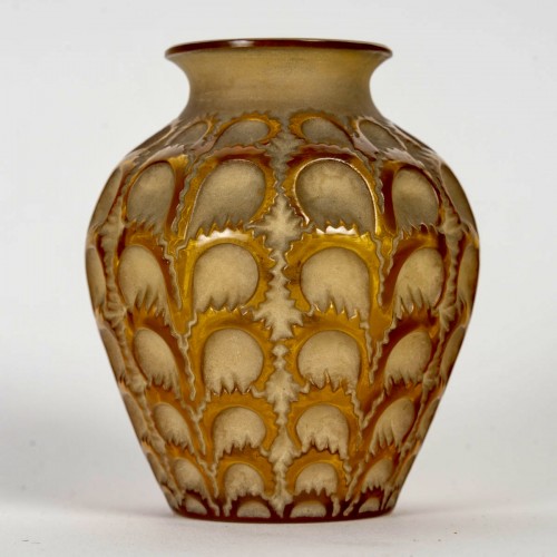 1931 René Lalique - Vase Laiterons verre jaune ambré patiné sépia - Verrerie, Cristallerie Style Art Déco