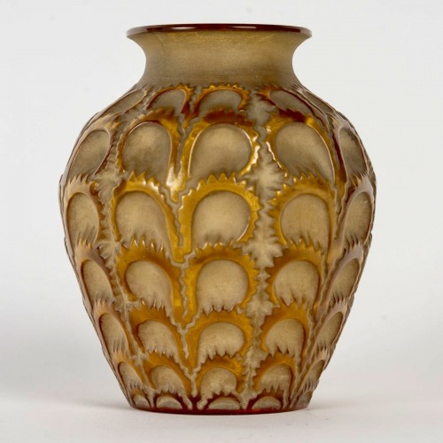 XXe siècle - 1931 René Lalique - Vase Laiterons verre jaune ambré patiné sépia