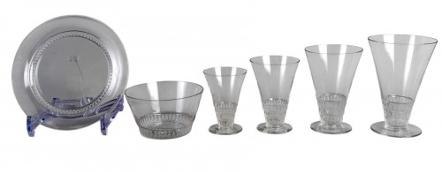 1930 René Lalique - Set of 48 Pieces Bourgueil Glasses, Plates And Bowls