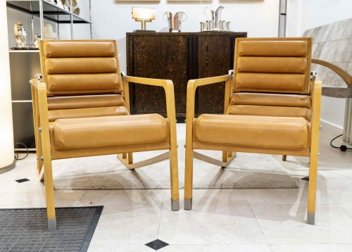 Eileen Gray - Ecart International - Pair Of Transats Armchairs Gold Leather - Seating Style Art Déco