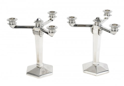 Jean E. Puiforcat Pair Of Modernist Art Deco Sterling Silver Candlesticks