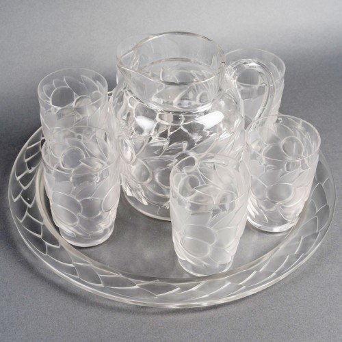 1931 René Lalique - Set  Blidah Glass - 6 Glasses, 1 Decanter, 1 Tray - Glass & Crystal Style Art Déco