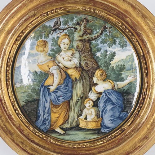 Céramiques, Porcelaines  - Plaque en faïence de Castelli figurant "Moïse sauvé des eaux" - XVIIIe siècle