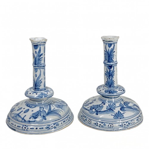 Pair of Nevers earthenware candlesticks 17th century