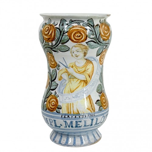 Albarello in Castelli majolica representing the allegory of perfection - Se