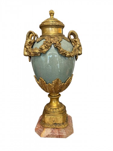 Large celadon and gilt bronze covered vase, marble base, 19th century