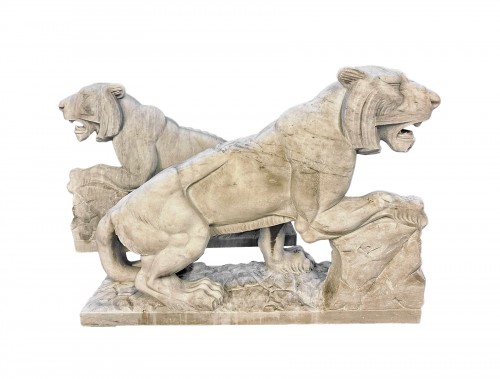 Pair of large tigers in white marble, late 19th century