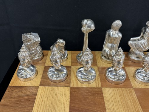  - Échiquier en bois et jeu d'échecs en argent 925