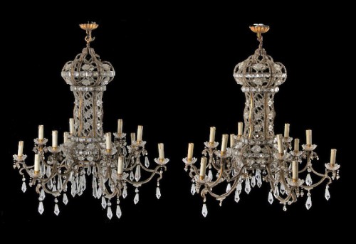 Pair of 19th century 12-light gilded iron chandeliers with pendants