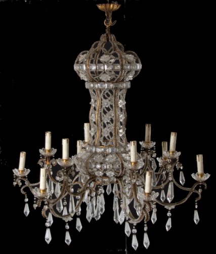 Pair of 19th century 12-light gilded iron chandeliers with pendants - Lighting Style 