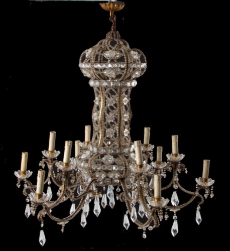 Lighting  - Pair of 19th century 12-light gilded iron chandeliers with pendants