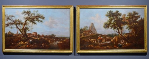 Giuseppe Zais, Paire de paysages animés - Tableaux et dessins Style 