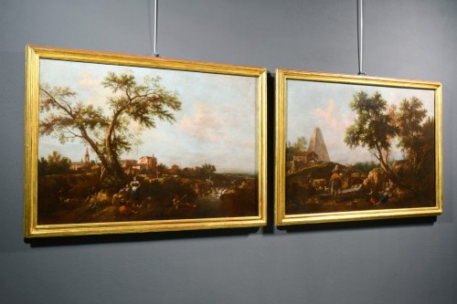 Tableaux et dessins Tableaux XVIIIe siècle - Giuseppe Zais, Paire de paysages animés