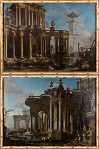 Paire de caprices architecturaux, Francesco Aviani (,1662  - 1715)  - Tableaux et dessins Style 