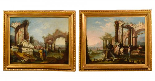 French 18th Century,Pair Of Landscapes Paintings With With Ruins