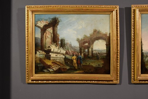 French 18th Century,Pair Of Landscapes Paintings With With Ruins - 