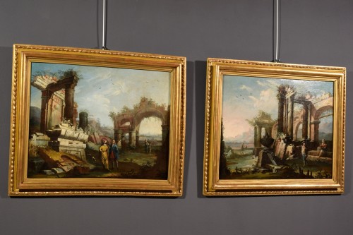 French 18th Century,Pair Of Landscapes Paintings With With Ruins - 
