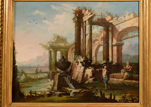 Antiquités - French 18th Century,Pair Of Landscapes Paintings With With Ruins