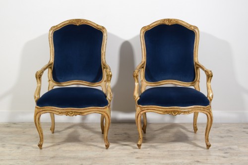 Seating  - 18th Century, Pair of Rococo Italian Lacquered and Gilt Wood Armchairs