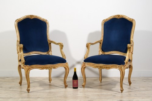 18th Century, Pair of Rococo Italian Lacquered and Gilt Wood Armchairs - Louis XV