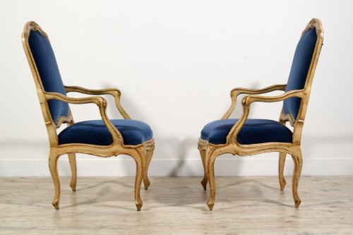 Louis XV - 18th Century, Pair of Rococo Italian Lacquered and Gilt Wood Armchairs