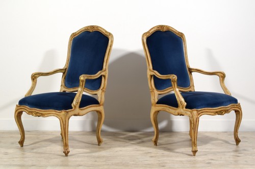 Antiquités - 18th Century, Pair of Rococo Italian Lacquered and Gilt Wood Armchairs