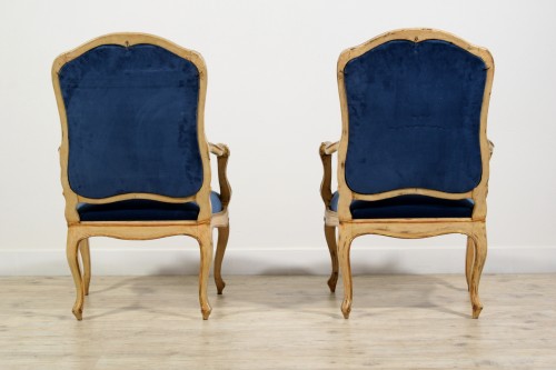 Antiquités - 18th Century, Pair of Rococo Italian Lacquered and Gilt Wood Armchairs