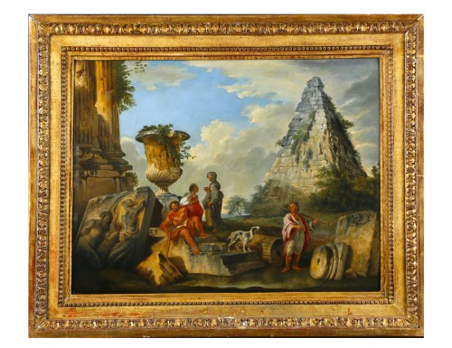 Capriccio architectural avec la pyramide de Caio Cestio, peintre romain du XVIIIe siècle