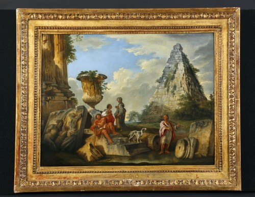 Capriccio architectural avec la pyramide de Caio Cestio, peintre romain du XVIIIe siècle - Tableaux et dessins Style Louis XV