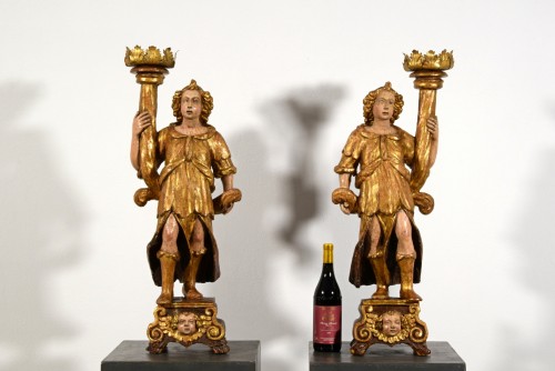 16th Century, Pair of Italian Lacquered and Gilt Wood Sculptures Torch Hold - Renaissance