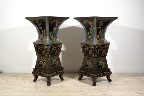  - Pair of Large Oriental Lacquered Wooden Vases, Late 19th Century