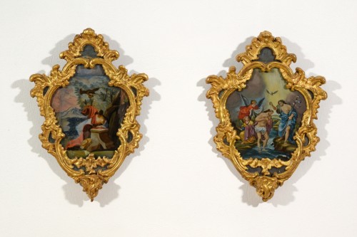 18th Century, Italian Pair of Paintings on Glass in Giltwood Frames - Decorative Objects Style Louis XV