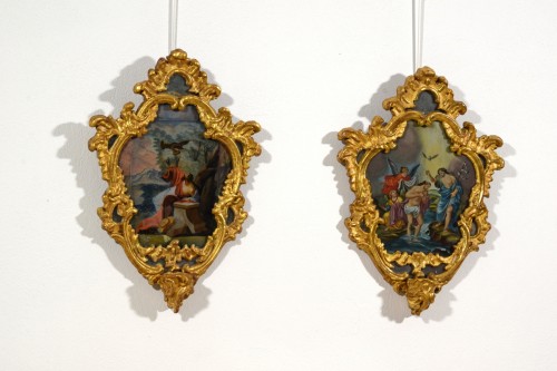 Decorative Objects  - 18th Century, Italian Pair of Paintings on Glass in Giltwood Frames