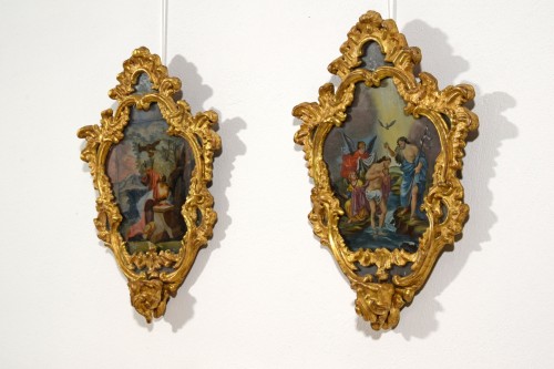 18th Century, Italian Pair of Paintings on Glass in Giltwood Frames - 