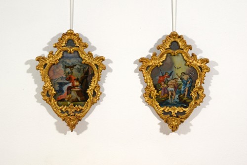 18th century - 18th Century, Italian Pair of Paintings on Glass in Giltwood Frames