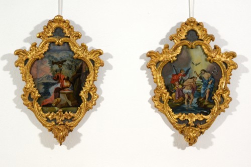 Louis XV - 18th Century, Italian Pair of Paintings on Glass in Giltwood Frames