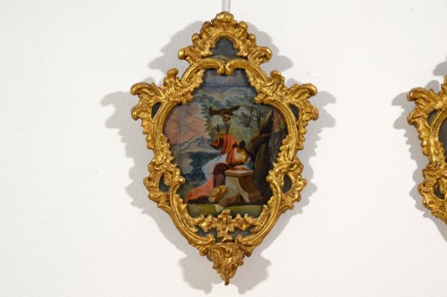 Antiquités - 18th Century, Italian Pair of Paintings on Glass in Giltwood Frames