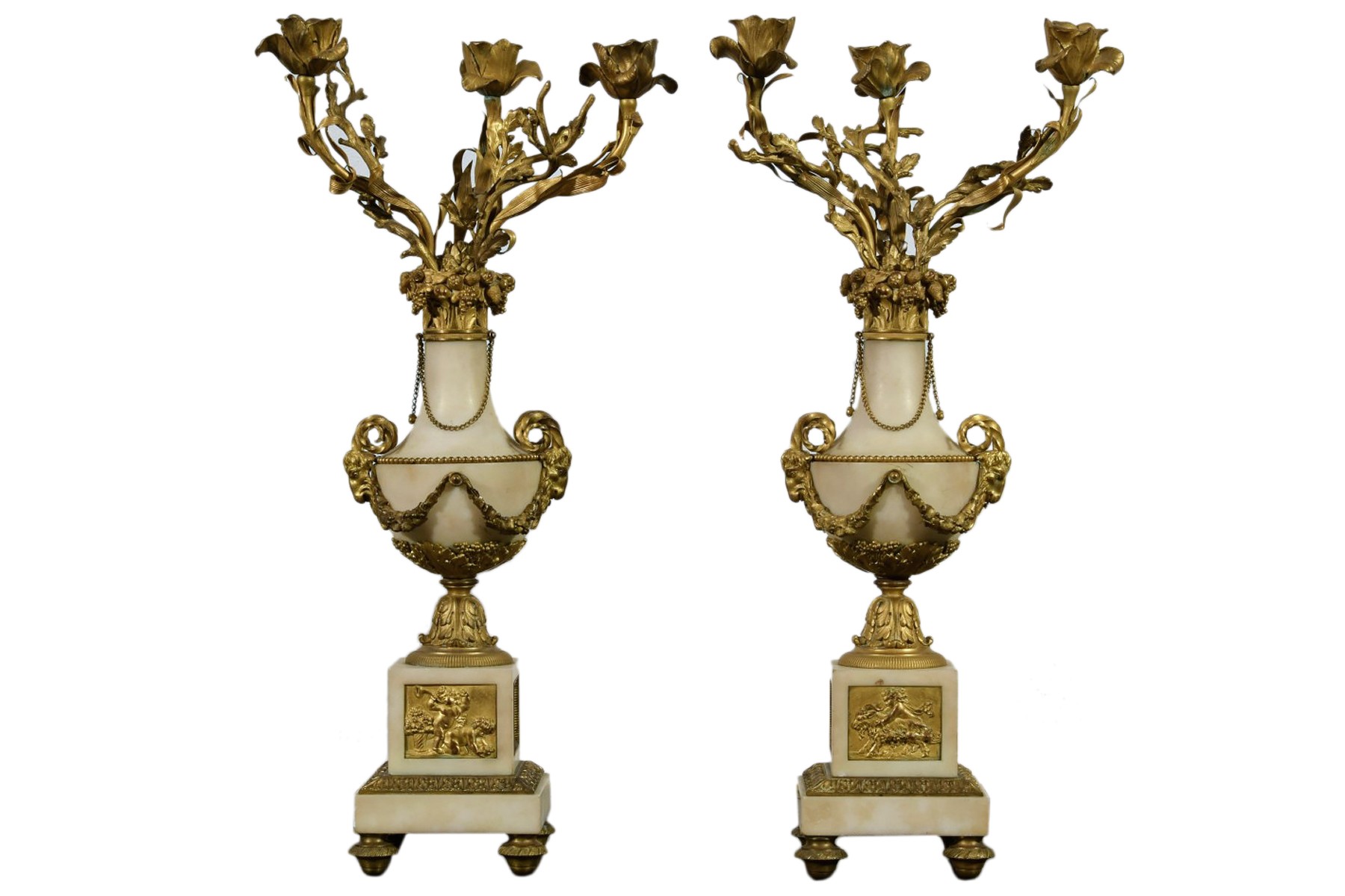 Pair of French Alabaster and Brass Candlesticks.Baccarat Bobeches.Late 19th  Century.