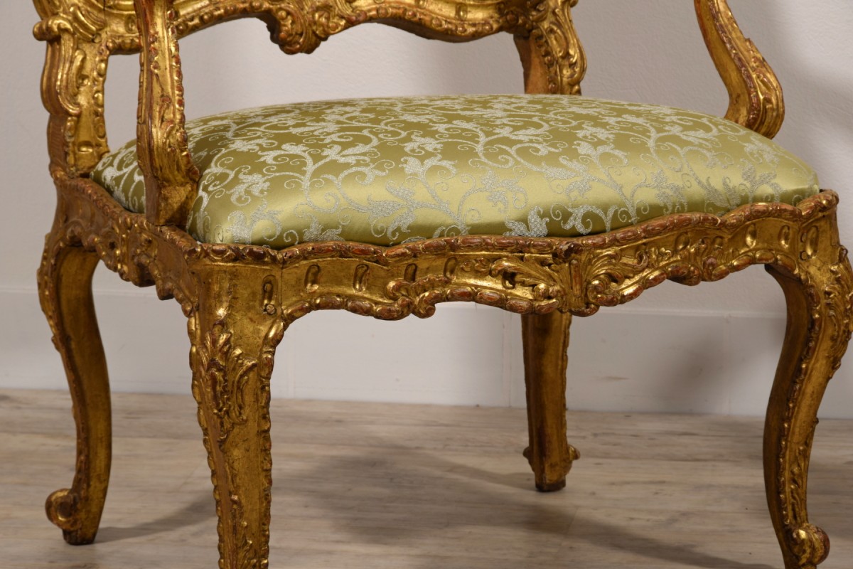 A Pair Of Italian 18th Century Louis XV/XVI Giltwood Throne Armchairs