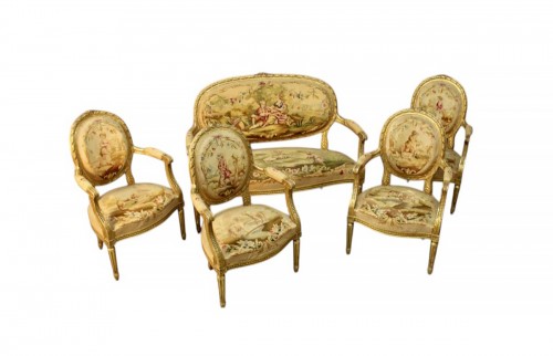 Salon set in gilded wood and Aubusson tapestry, France circa 1800