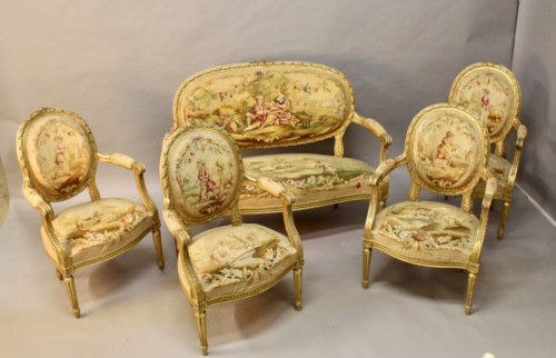 Seating  - Salon set in gilded wood and Aubusson tapestry, France circa 1800