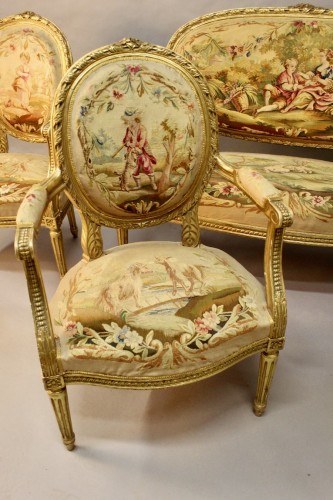  - Salon set in gilded wood and Aubusson tapestry, France circa 1800