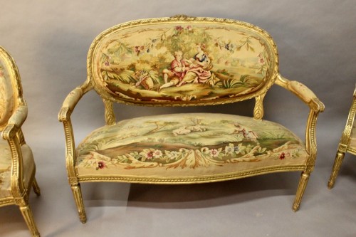 Antiquités - Salon set in gilded wood and Aubusson tapestry, France circa 1800