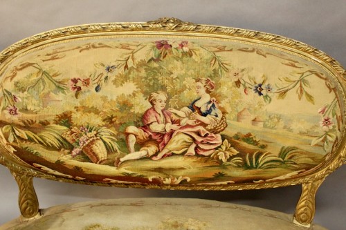 Antiquités - Salon set in gilded wood and Aubusson tapestry, France circa 1800