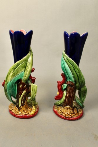 Céramiques, Porcelaines  - Paires de Vases à décor de fleurs Sarguemines Majolica