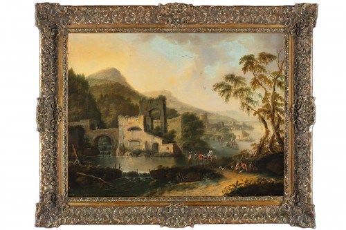 Michele Pagano(1697 –1750) Paysage marin avec rivière, bâtiments et voyageurs