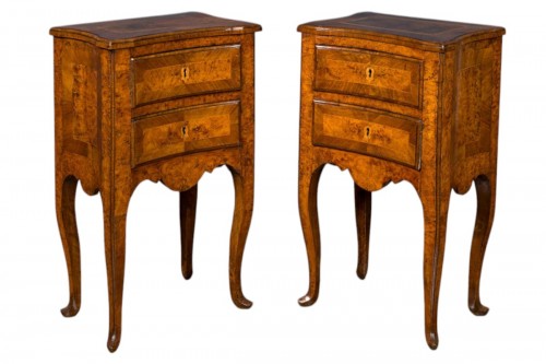 Pair of Italian walnut parquetry bedside tables, mid 18th century